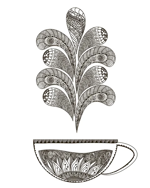 Ilustración dibujada a mano Arte garabato blanco y negro. Página con té caliente para colorear libros para adultos. Vector — Archivo Imágenes Vectoriales