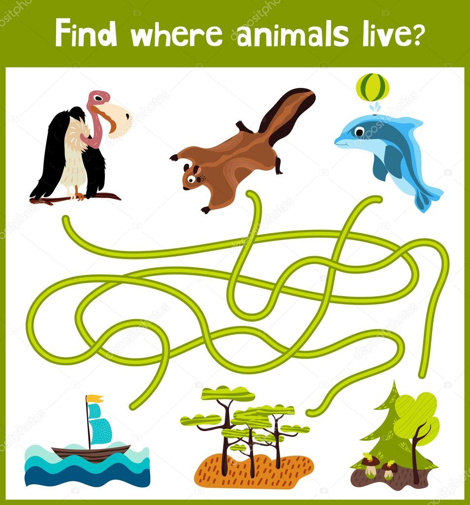 Bright cartoon educational puzzle game for children of preschool and school ages. Where to find what animals live in the sea Dolphin, squirrel forest and bird vulture from Savannah. Vector Stock Vector Bright cartoon educational puzzle game for children of preschool and school ages. Where to find what animals live in the sea Dolphin, squirrel forest and bird vulture from Savannah. Vector Stock Vector