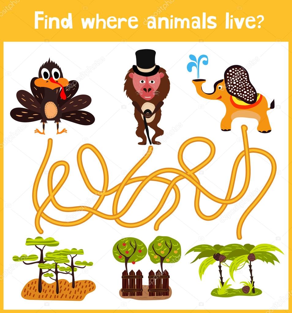 Fun and colorful puzzle game for children's development find where a monkey, an elephant and a Turkey. Training mazes for preschoolers. Vector
