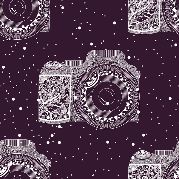 Motif vectoriel sans couture avec cercles abstraits et caméra détaillée dans un style rétro isolé sur un fond violet. Vecteur — Image vectorielle