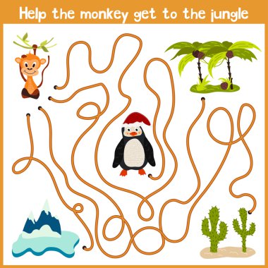 Cartoon of Education will continue the logical way home of colourful animals.Help me get the cute naughty monkey home in a tropical jungle. Matching Game for Preschool Children. Vector