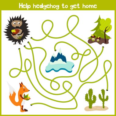 Cartoon of Education will continue the logical way home of colourful animals.Help forest hedgehog to bring a mushroom home in the woods. Matching Game for Preschool Children. Vector