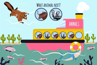 Cartoon Vector Illustration of Education will continue the logical series of colourful animals on a boat in the ocean among sea fishes and deserts. Matching Game for Preschool Children. Vector clipart