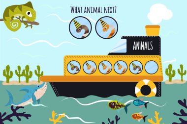 Cartoon Vector Illustration of Education will continue the logical series of colourful animals of worms on the ship in the ocean among sea fishes. Matching Game for Preschool Children. Vector