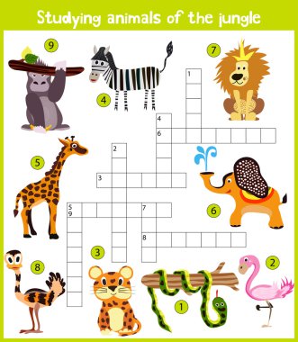 A colorful children's cartoon crossword, education game for children on the theme of the study of wild animals of the jungle and humid Equatorial forests. Vector