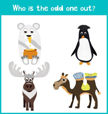 Children colorful educational cartoon game puzzle page for children's books and magazines on the theme get extra animal among animals living in cold polar landscapes. Vector