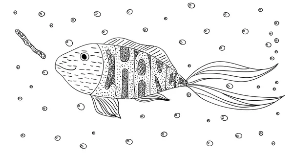 Ornement noir et blanc motivant créatif poissons et vers dans la mer avec des bulles design dentelle décorative. Votre chance. Page livres à colorier pour adultes. Dessin à l'encre. Vecteur — Image vectorielle