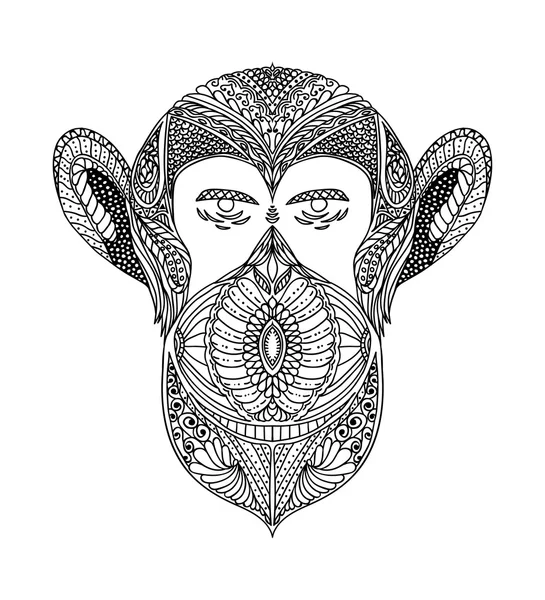 Ornement noir et blanc face bête sauvage des singes de la forêt, conception de dentelle ornementale. Page pour livres à colorier pour adultes. Modèle d'encre dessiné à la main. Vecteur — Image vectorielle