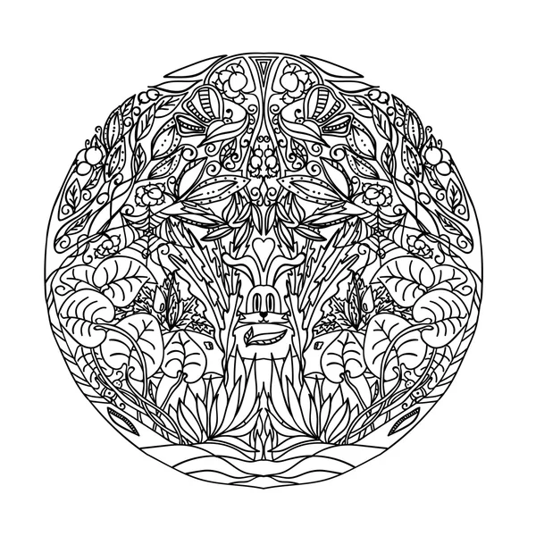 Черно-белый круг украшения дикий лес, декоративные кружева дизайн. Цветочная мандала. Ручной рисунок, сделанный чернилами с персонального эскиза. Вектор — стоковый вектор