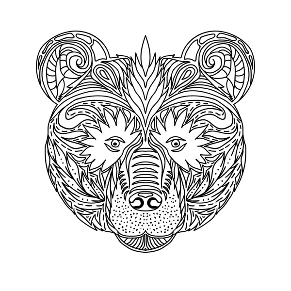 Ornamento preto e branco enfrenta besta selvagem do urso da floresta, design de renda ornamental. Página para livros de colorir para adultos. Padrão de tinta desenhada à mão. Vetor —  Vetores de Stock