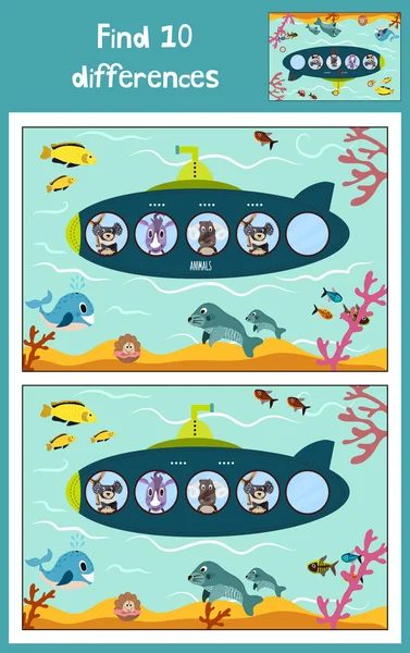 Dibujos animados Vector Ilustración de la educación para encontrar 10 diferencias en las imágenes de los niños, los flotadores submarinos en el océano con animales. Juego a juego para niños preescolares. Vector — Vector de stock