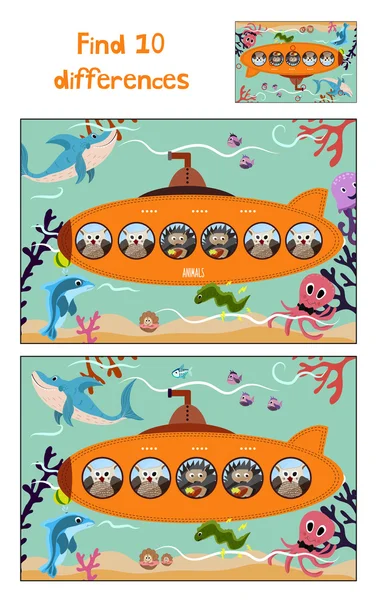 Cartoon of Education to find 10 differences in children's pictures submarine floats with forest animals among marine fishes and inhabitants of the ocean . Matching Game for Preschool Children. Vector