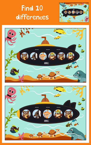 Cartoon of Education to find 10 differences in children's pictures submarine floats with animals among marine fishes and inhabitants of the ocean . Matching Game for Preschool Children. Vector
