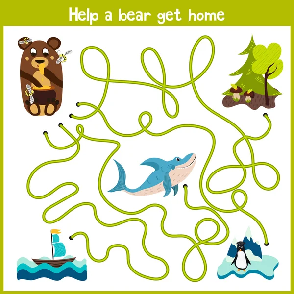 Cartoon of Education will continue the logical way home of colourful animals. Take a bear home in the woods by wild predatory sharks. Matching Game for Preschool Children. Vector — ストックベクタ