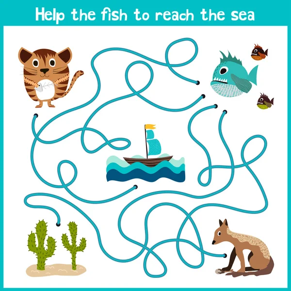 Cartoon of Education will continue the logical way home of colourful animals.Help take the fish home in the sea right on the stream. Matching Game for Preschool Children. Vector — 图库矢量图片