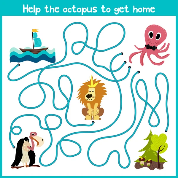 Cartoon of Education will continue the logical way home of colourful animals.Help the octopus to reach home at the bottom of the ocean right on the river. Matching Game for Preschool Children. Vector — 스톡 벡터