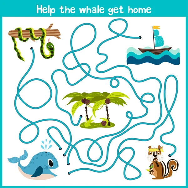 Мультфильм "Воспитание" продолжит логичный путь домой для хищных животных, помогая киту плавать в воде прямо на реке. Матч игры для дошкольников. Вектор — стоковый вектор