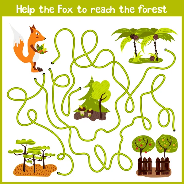 Dibujos animados de la educación continuará el camino lógico a casa de los animales coloridos.Ayúdame a conseguir astuto Fox rojo hogar salvaje en el bosque. Juego a juego para niños preescolares. Vector — Archivo Imágenes Vectoriales