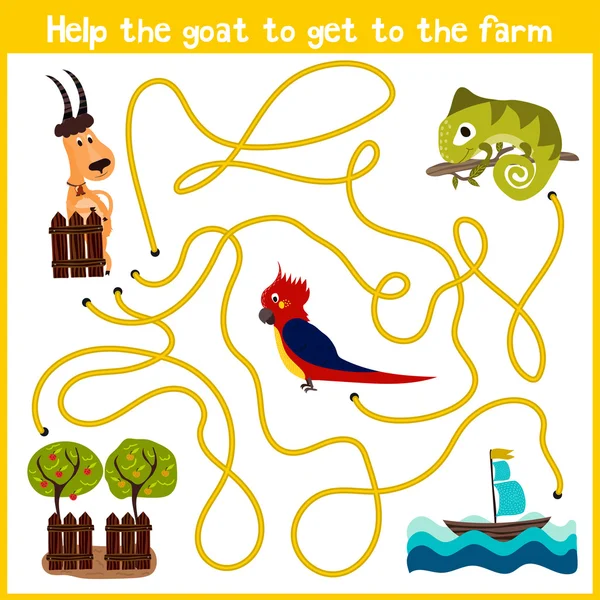Cartoon of Education will continue the logical way home of colourful animals.Help to get the goat home to the farm on the right path. Matching Game for Preschool Children. Vector — ストックベクタ
