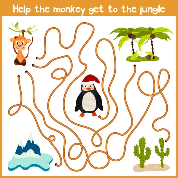Cartoon of Education will continue the logical way home of colourful animals.Help me get the cute naughty monkey home in a tropical jungle. Matching Game for Preschool Children. Vector — Stock vektor