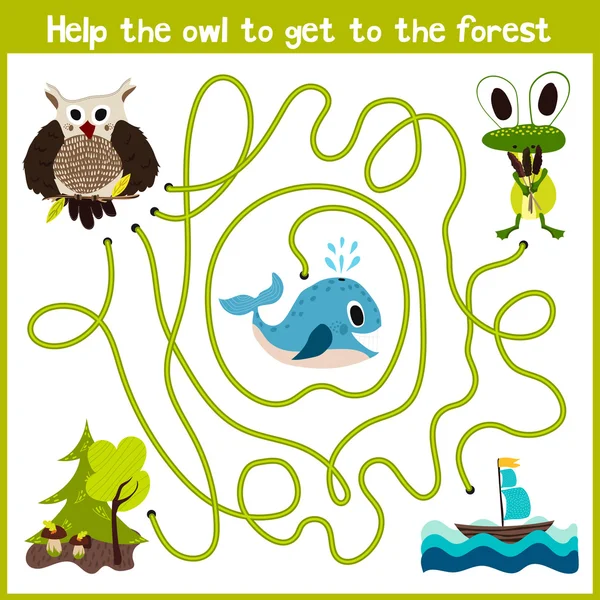 Cartoon of Education will continue the logical way home of colourful animals.Help the owl to fly home in the wild forest and not get lost. Matching Game for Preschool Children. Vector — ストックベクタ