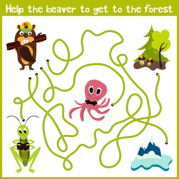 Cartoon of Education will continue the logical way home of colourful animals. Help the beaver to get home in the wild forest. Matching Game for Preschool Children. Vector — Stockvector