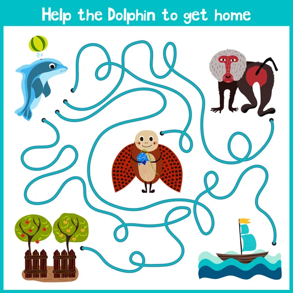 Cartoon of Education will continue the logical way home of colourful animals. Help little Dolphin to swim home in the ocean. Matching Game for Preschool Children. Vector — Διανυσματικό Αρχείο