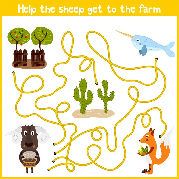 Cartoon of Education will continue the logical way home of colourful animals. Help this cute sheep to get home on a agricultural farm. Matching Game for Preschool Children. Vector — Stock Vector