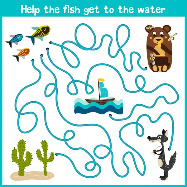 Dibujos animados de la educación continuará el camino lógico a casa de los animales de colores. Ayuda a los peces pequeños a nadar a casa en el mar. Juego a juego para niños preescolares. Vector — Vector de stock