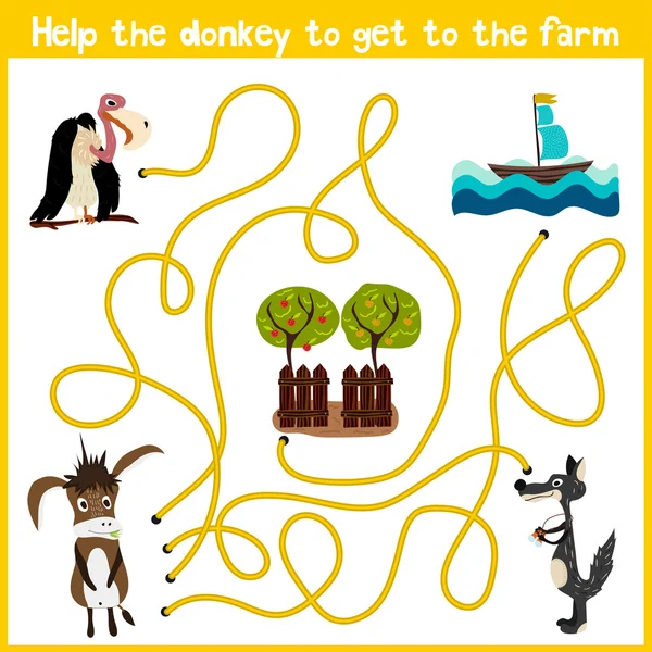 Cartoon of Education will continue the logical way home of colourful animals. Help the donkey to get home in the barnyard. Matching Game for Preschool Children. Vector — Stock Vector