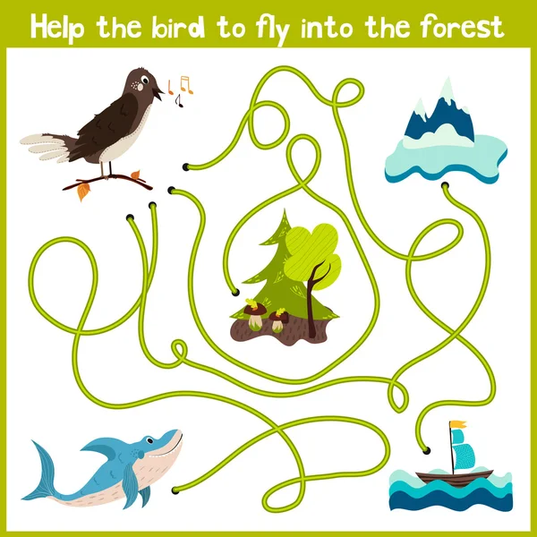 Cartoon of Education will continue the logical way home of colourful animals. Help the bird Nightingale to get home in the wild forest. Matching Game for Preschool Children. Vector — Διανυσματικό Αρχείο