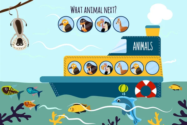 Мультфильм "Вектор образования" продолжит логическую серию о веселых животных на корабле в океане среди морских рыб. Матч игры для дошкольников. Вектор — стоковый вектор