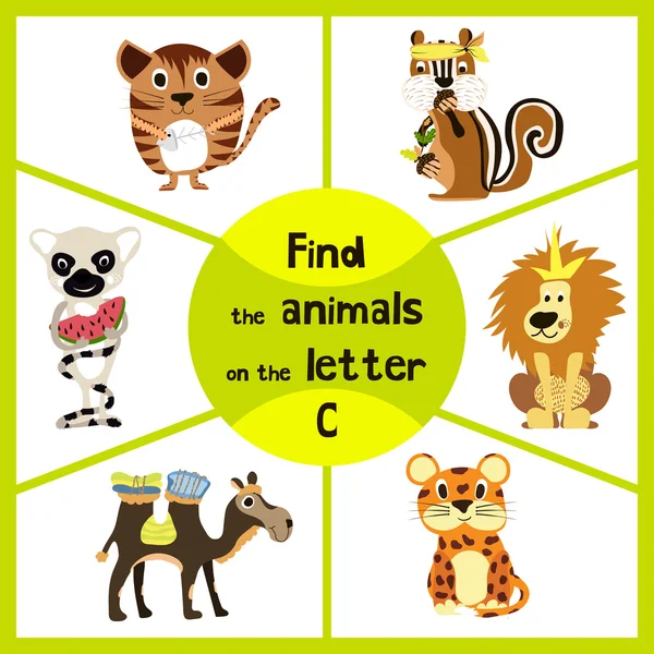 Divertido juego de laberinto de aprendizaje, encontrar los 3 animales salvajes lindos con la letra C, gatito amigable, camello africano y ardilla del bosque. Página educativa para niños. Vector — Vector de stock