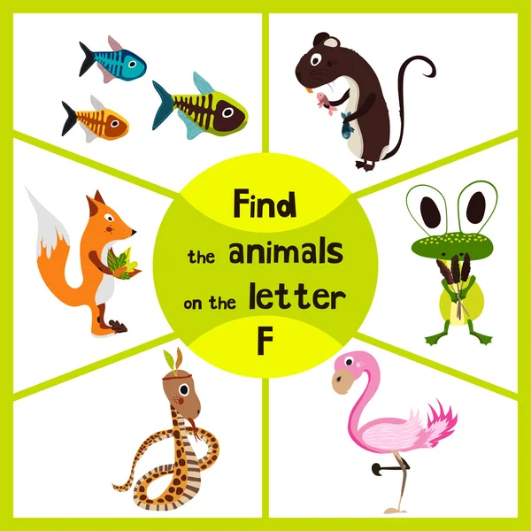 Funny learning maze game, find all 3 cute wild animals with the letter f, pink flamingos, marsh frog and forest Fox . Educational page for children. Vector — Stockvector