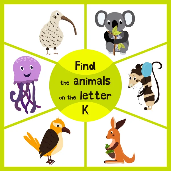 Funny learning maze game, find all 3 of cute wild animals To the letter K, the Australian kiwi bird, marsupial the kangaroo and the Koala bear. Educational page for children. Vector — Stockvector