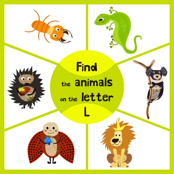 Funny learning maze game, find all 3 cute wild animals with the letter L, desert lizard, the lion of the Savannah and the insect ladybug. Educational page for children. Vector — Stockvector