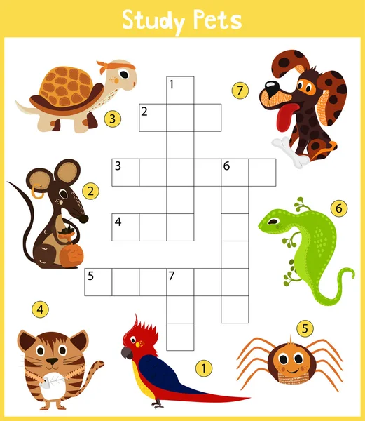 Ein buntes Kinder-Cartoon-Kreuzworträtsel, ein Lernspiel für Kinder zum Thema Lernen verschiedener Haustierarten wie Katze, Hund, Eidechse, Spinne und Schildkröte. Vektor — Stockvektor