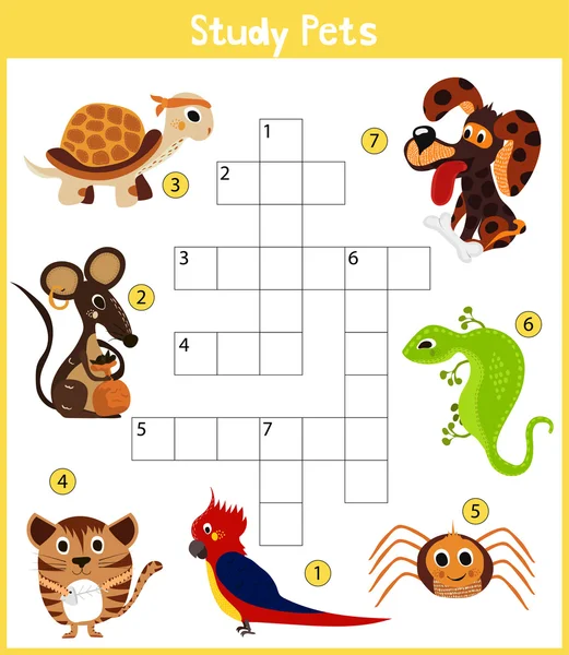 Um colorido crianças desenho animado palavras cruzadas, jogo de educação para as crianças sobre o tema de aprender diferentes tipos de animais de estimação, incluindo gato, cão, lagarto, aranha e tartaruga. Vetor — Vetor de Stock