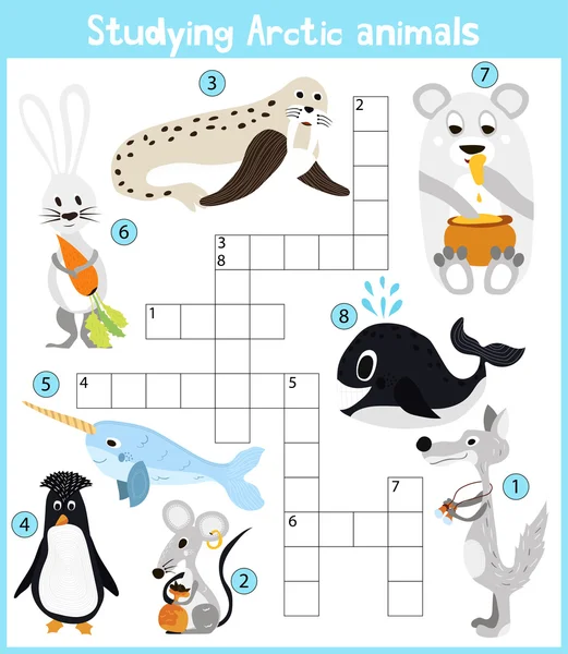 A colorful children's cartoon crossword, education game for children on the theme of studying Arctic animals living in the cold polar bear and the wolf, whale and walrus . Vector