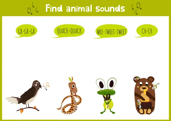 Colorful children cartoon game education puzzle for children on the theme of the study of the sounds of cute wild animals in the forest. Vector — Stockvector