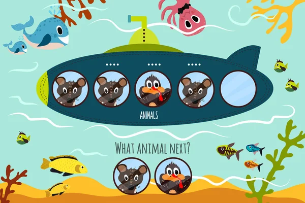 Cartoon Vector Illustration of Education will continue the logical series of colourful animals on submarine in the ocean. Matching Game for Preschool Children. Vector — 图库矢量图片