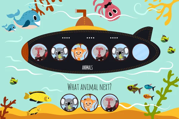 Cartoon Vector Illustration of Education will continue the logical series of colourful animals on submarine in the ocean among sea animals. Matching Game for Preschool Children. Vector