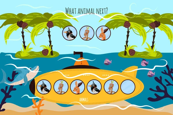 Cartoon Vector Illustration of Education continuará la serie lógica de animales de colores en un submarino amarillo entre las islas tropicales. Juego a juego para niños preescolares. Vector — Archivo Imágenes Vectoriales