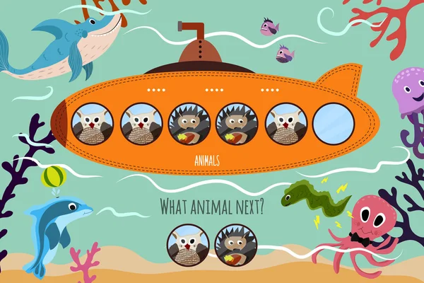 Cartoon Vector Illustration of Education will continue the logical series of colourful forest animals on a beautiful orange submarine. Matching Game for Preschool Children. Vector