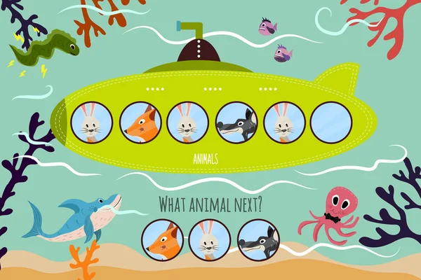 Cartoon Vector Illustration of Education will continue the logical series of colourful animals on a green submarine . Matching Game for Preschool Children. Vector