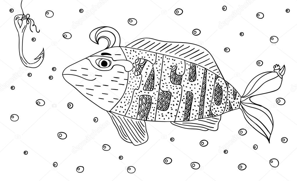 Black and white ornament fashion fish hook in the sea with bubbles design decorative lace. Page coloring books for adults. Hand drawn ink drawing. Vector