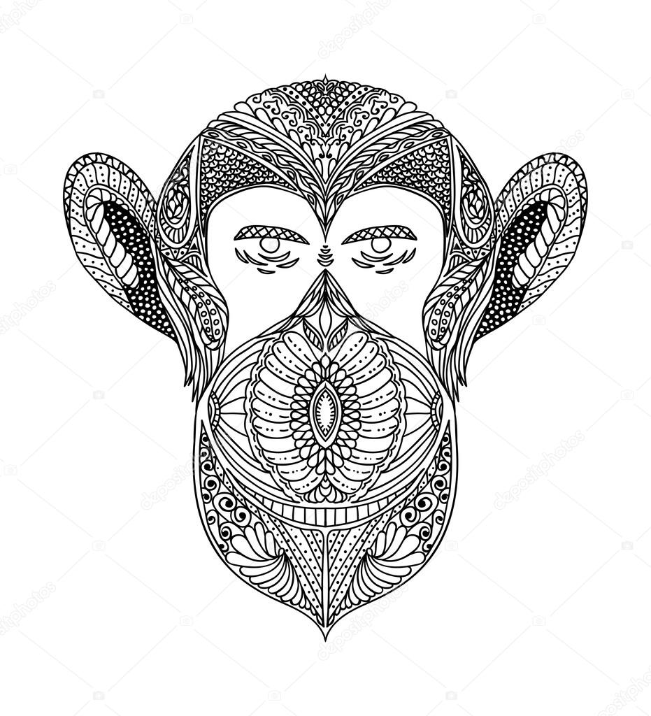 Black and white ornament faces wild beast of the forest monkeys, ornamental lace design. Page for adult coloring books. Hand drawn ink pattern. Vector