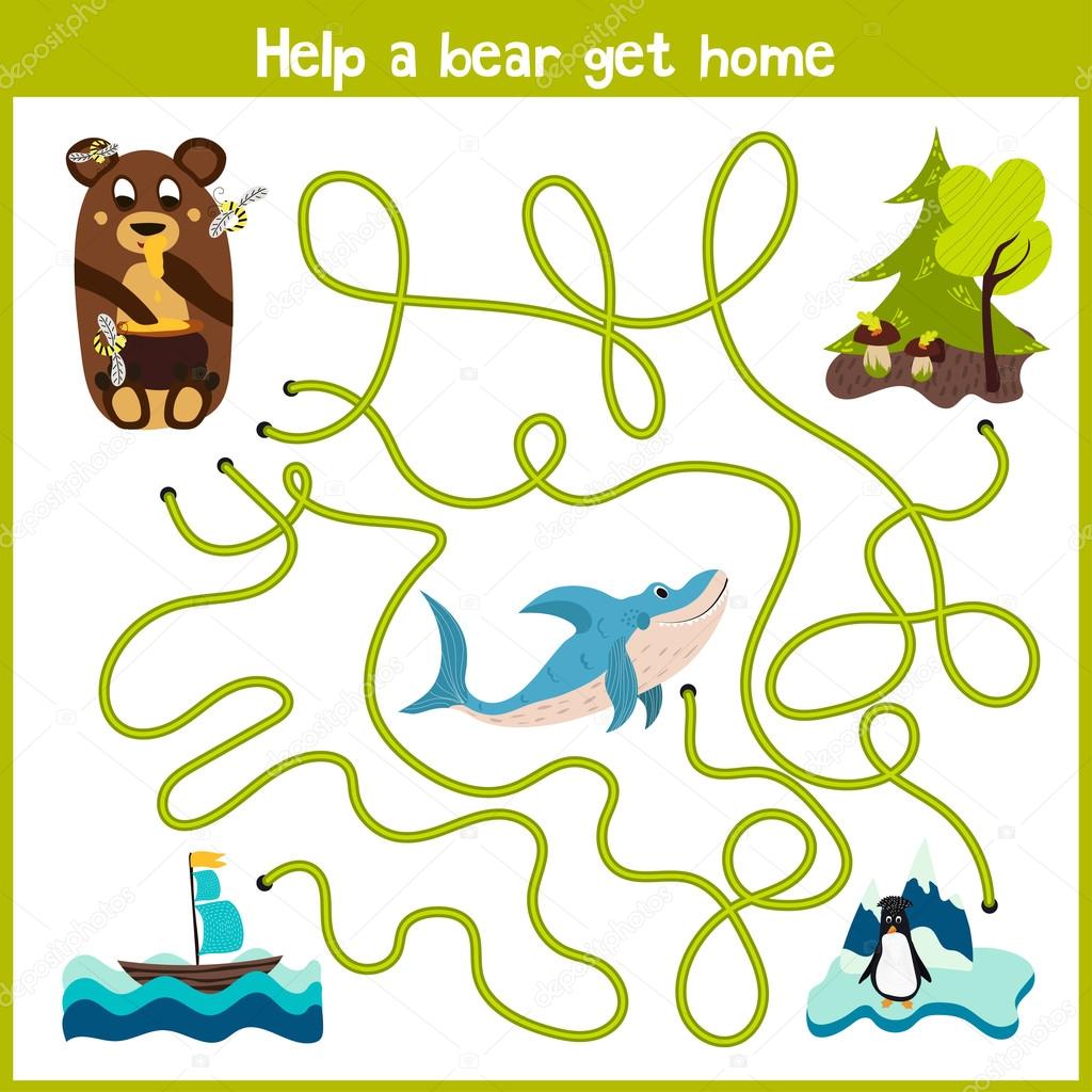 Cartoon of Education will continue the logical way home of colourful animals. Take a bear home in the woods by wild predatory sharks. Matching Game for Preschool Children. Vector
