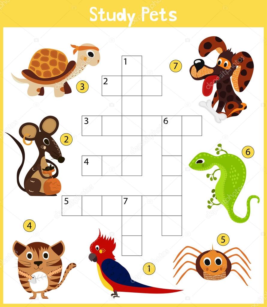 A colorful children's cartoon crossword, education game for children on the topic of learning different types of Pets including cat, dog, lizard, spider and turtle . Vector