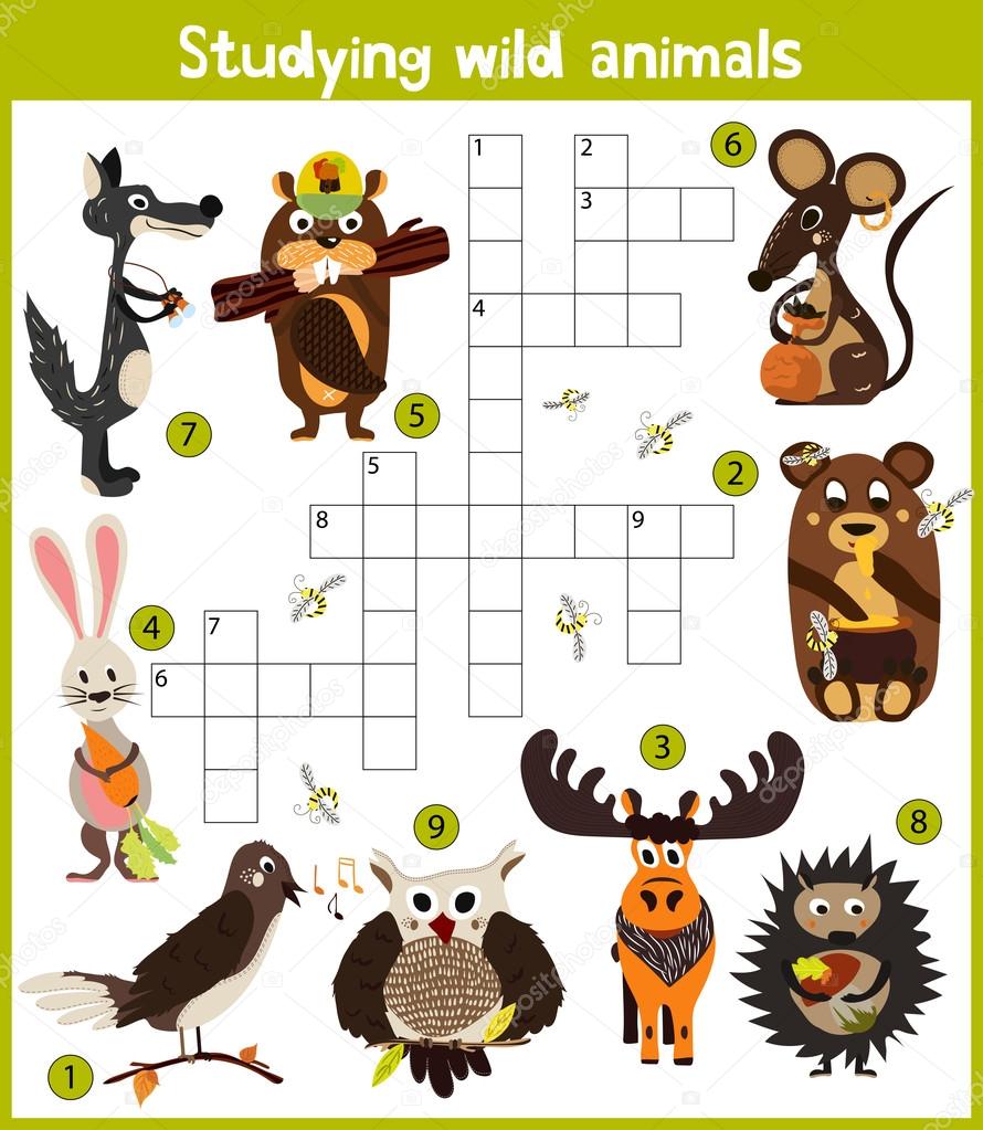 A colorful children's cartoon crossword, education game for children on the theme of exploring different species of wild animals of the woods, find a bear, wolf, hares and hedgehogs . Vector